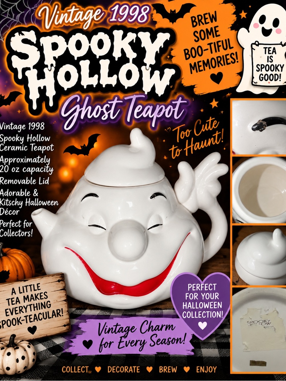 Vintage 1998 Spooky Hollow Ghost Teapot 20oz Halloween Kitsch Ceramic